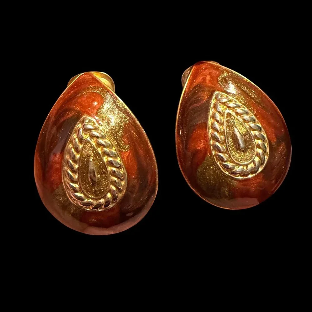 VTG pear shape enamel clip on earrings rust gold Made USA glittery 1.25